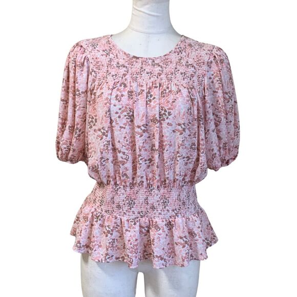 Express Tops - Express Floral Smocked Peplum Top Medium Pink Cottagecore Blouse